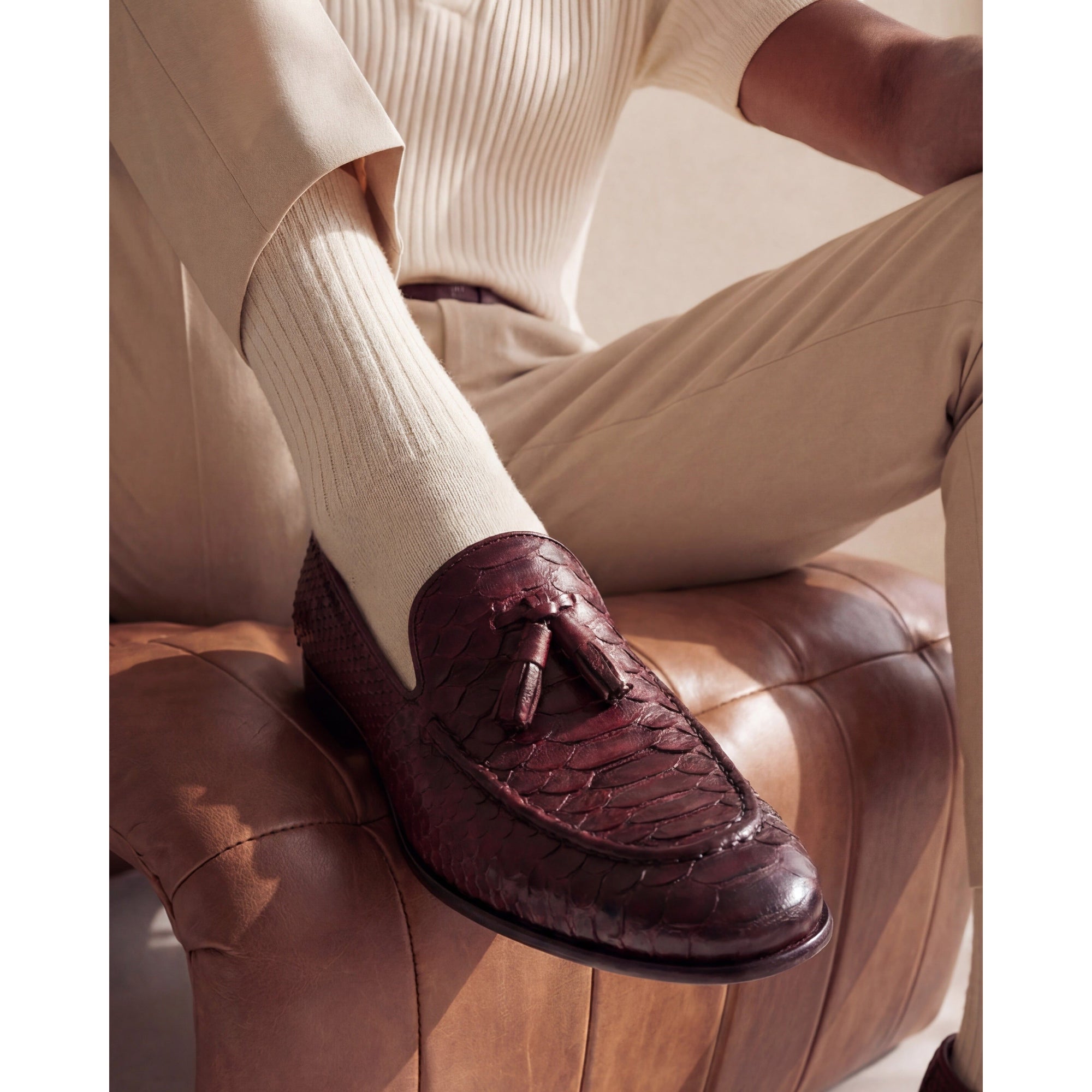 Vinci The Bethesda Burgundy Pyhtn Skin Leather Tassel Loafer Men Shoes