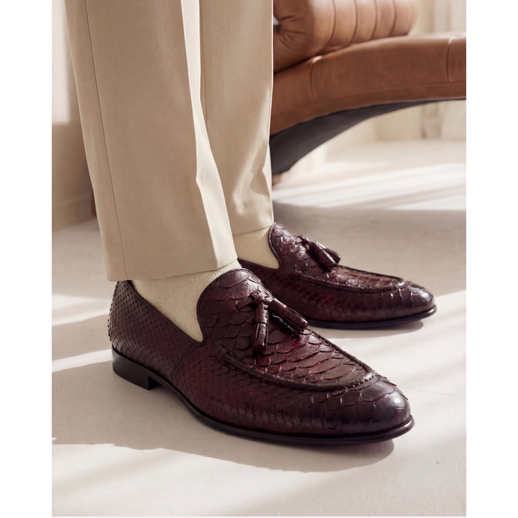 Vinci The Bethesda Burgundy Pyhtn Skin Leather Tassel Loafer Men Shoes