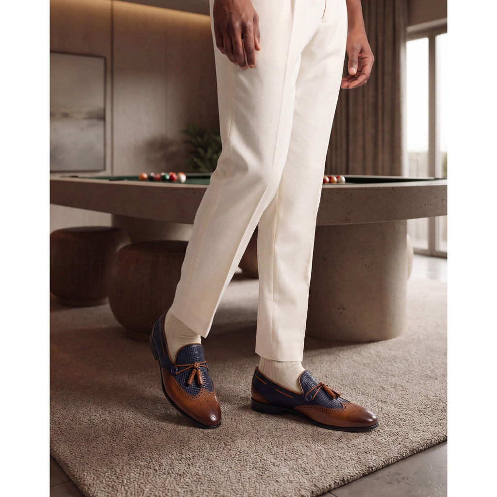 Vinci The Istanbul Tan & Navy Blue Leather Tassel Loafer Men Shoes