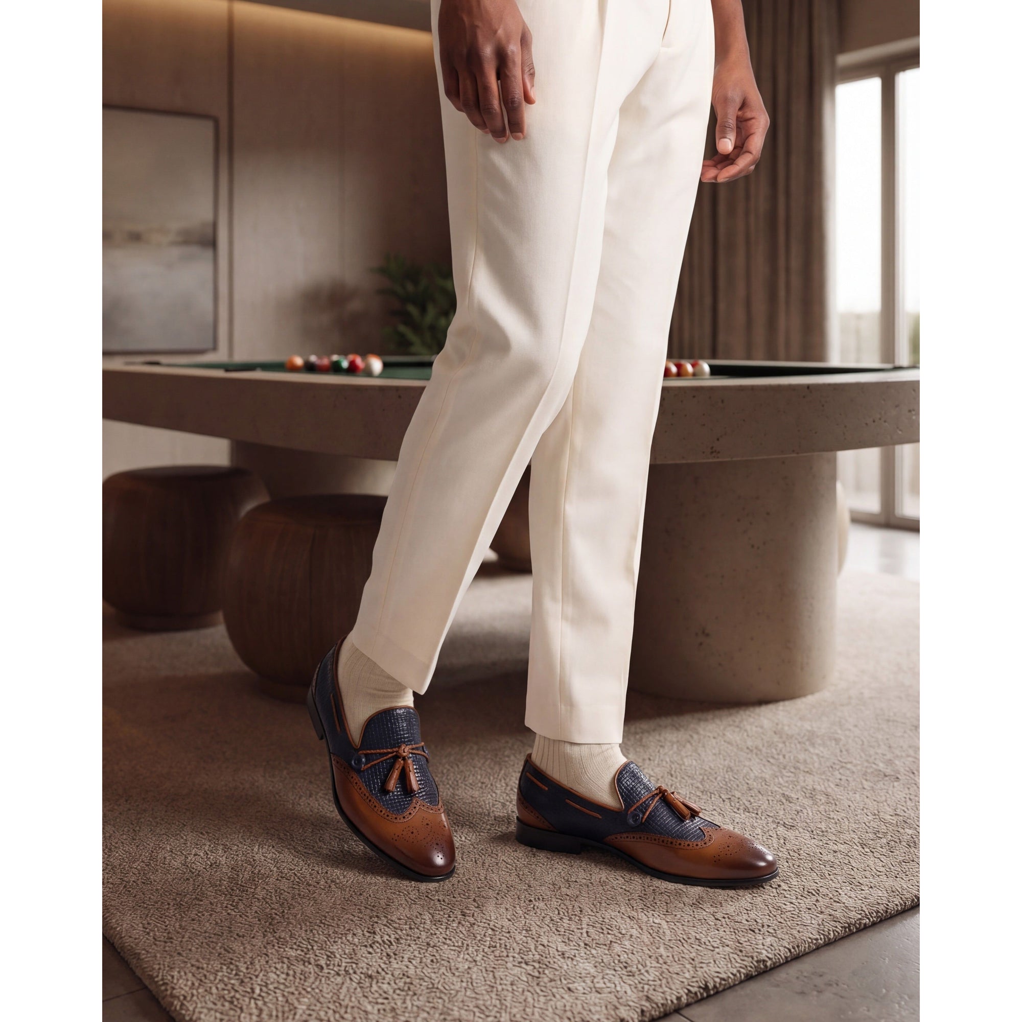 Vinci The Istanbul Tan & Navy Blue Leather Tassel Loafer Men Shoes