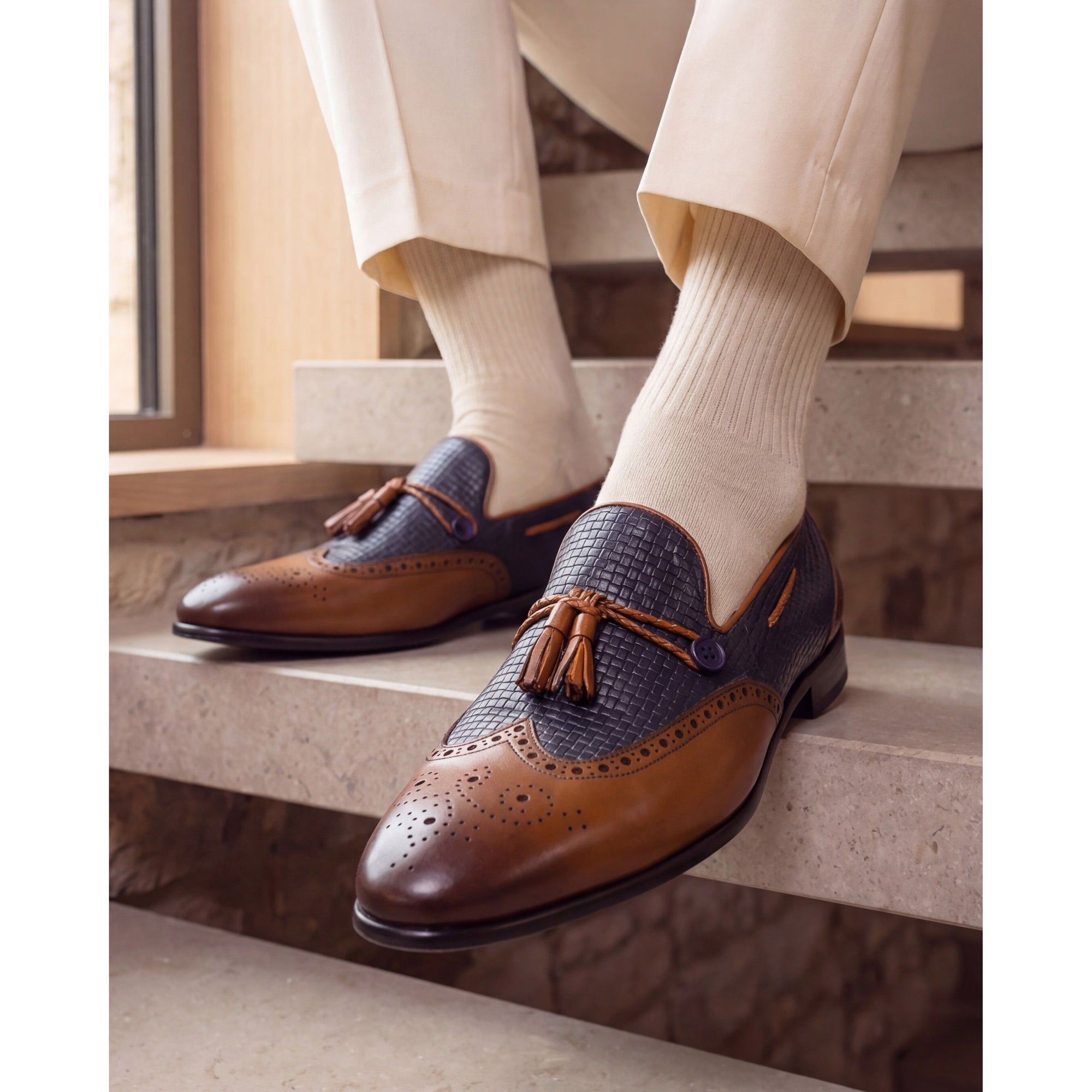 Vinci The Istanbul Tan & Navy Blue Leather Tassel Loafer Men Shoes