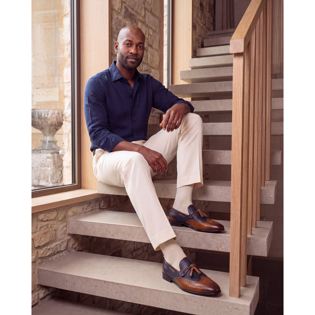 Vinci The Istanbul Tan & Navy Blue Leather Tassel Loafer Men Shoes