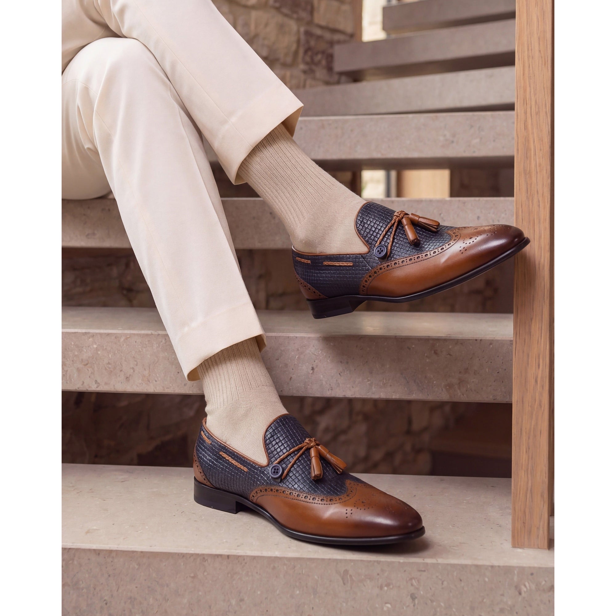 Vinci The Istanbul Tan & Navy Blue Leather Tassel Loafer Men Shoes