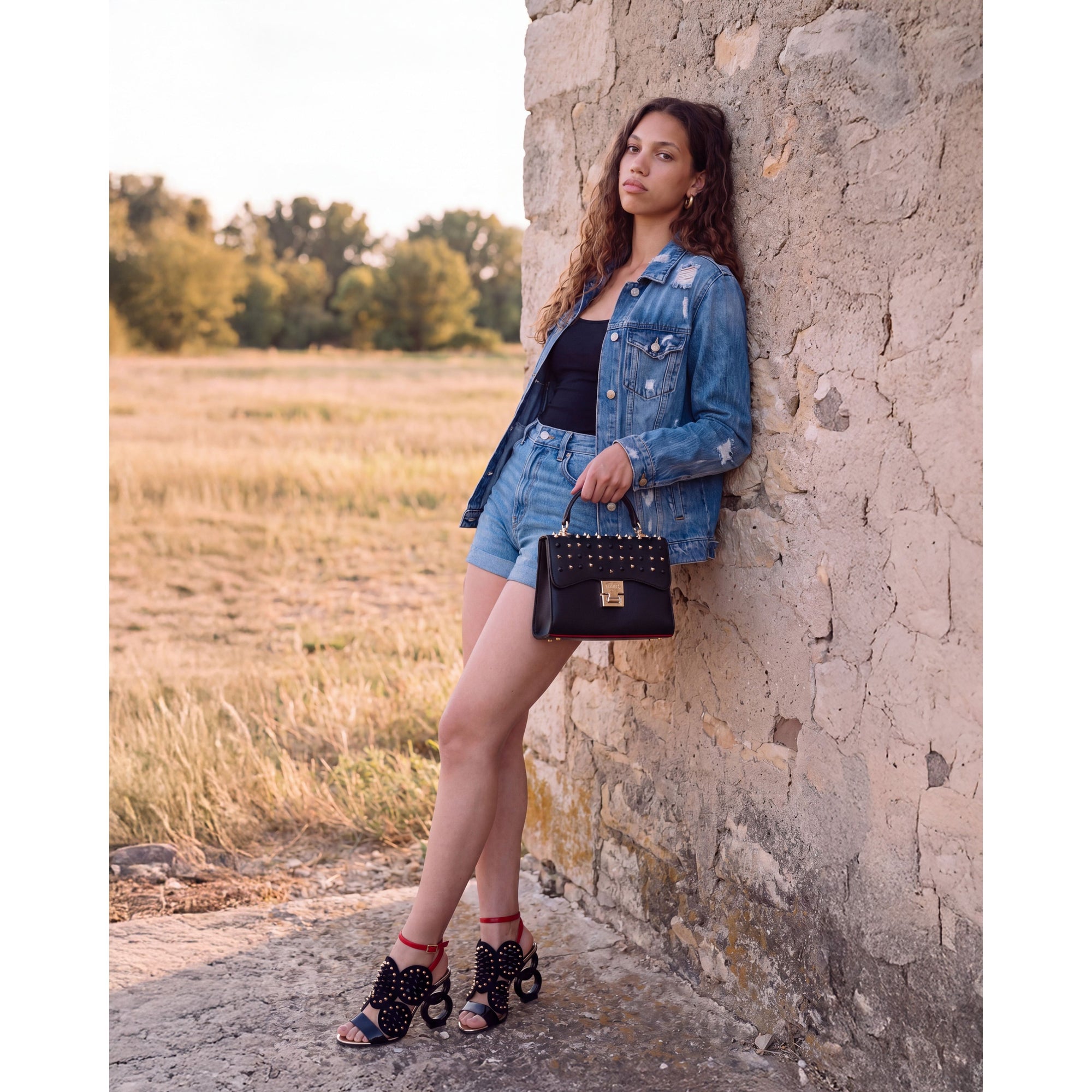 The Infanta Black Spike Leather Ankle Strap Women Sandal