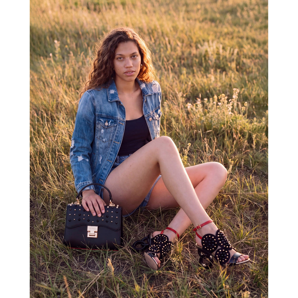 The Infanta Black Spike Leather Ankle Strap Women Sandal