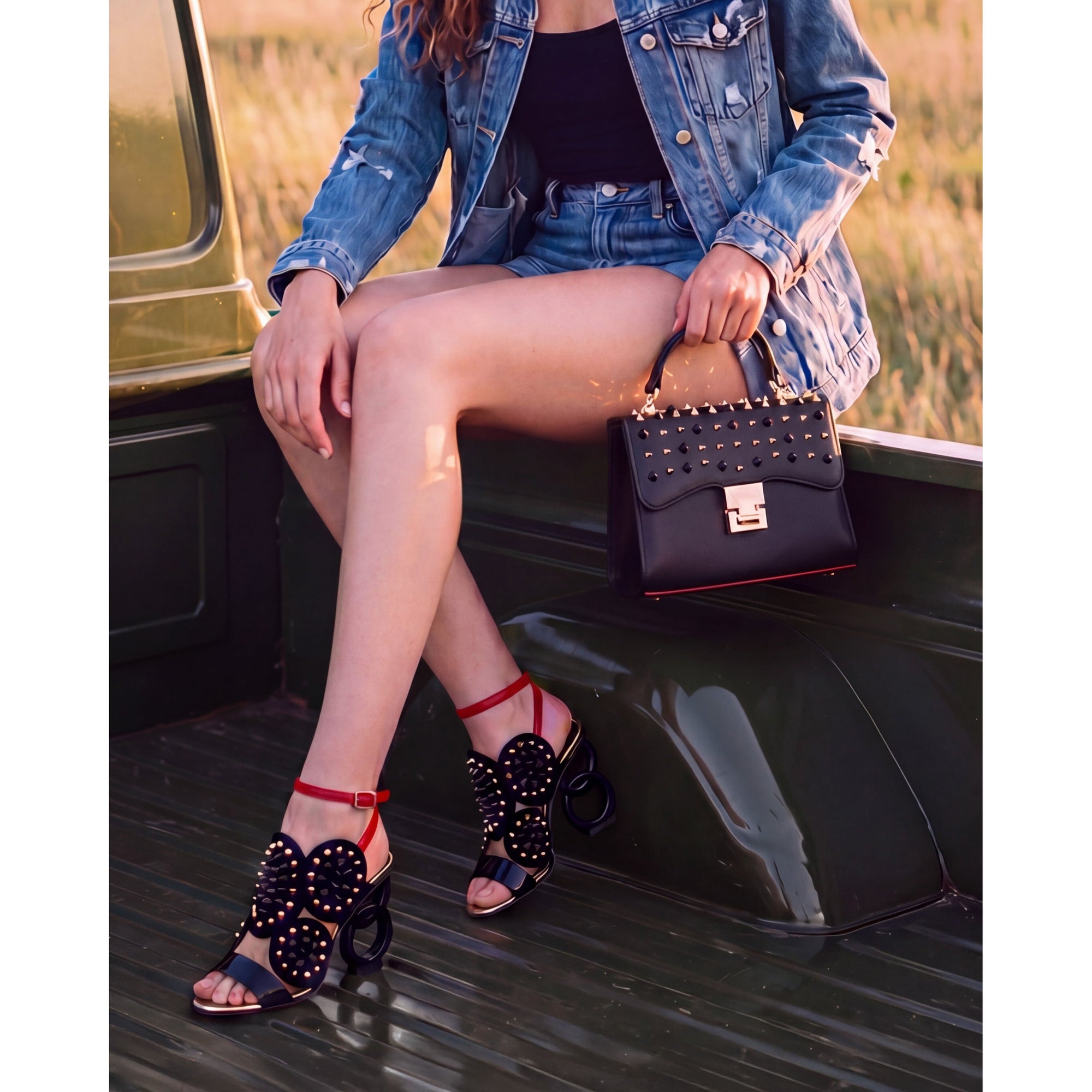The Infanta Black Spike Leather Ankle Strap Women Sandal