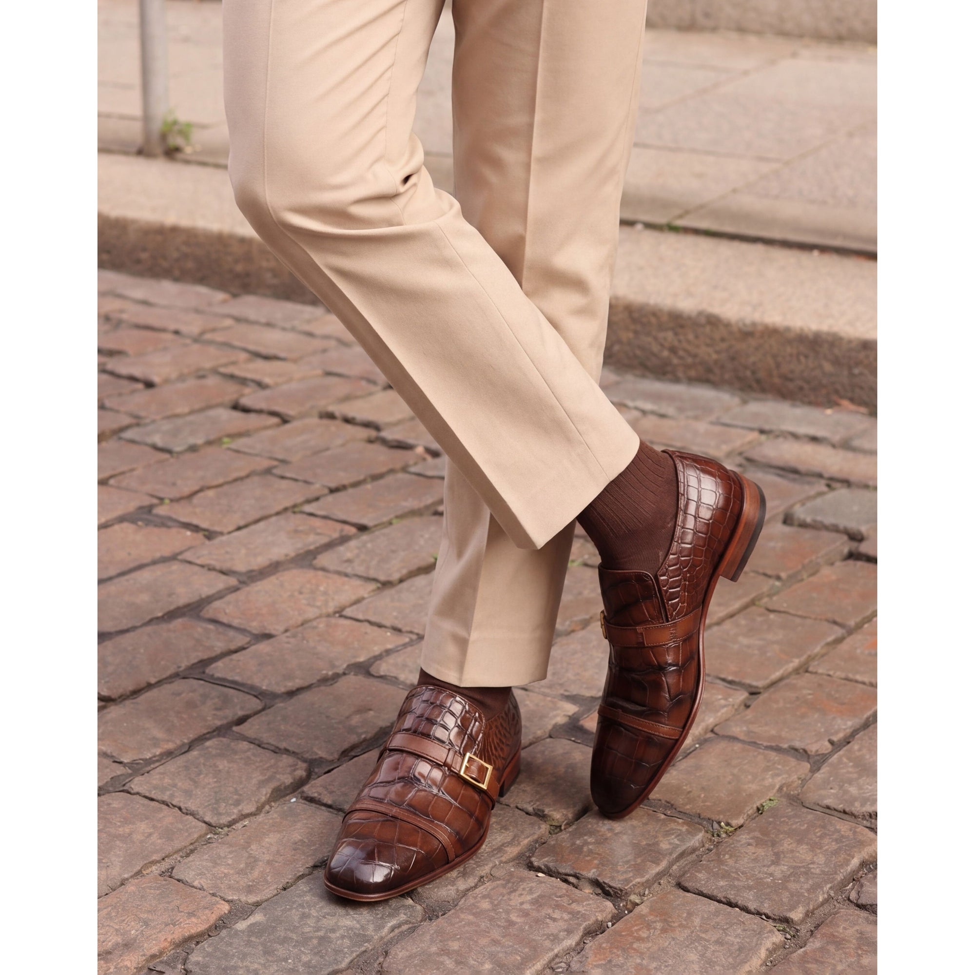 Vinci The Strat Single Monk Strap Cap Toe Brown Leather Handmade Men Shoes