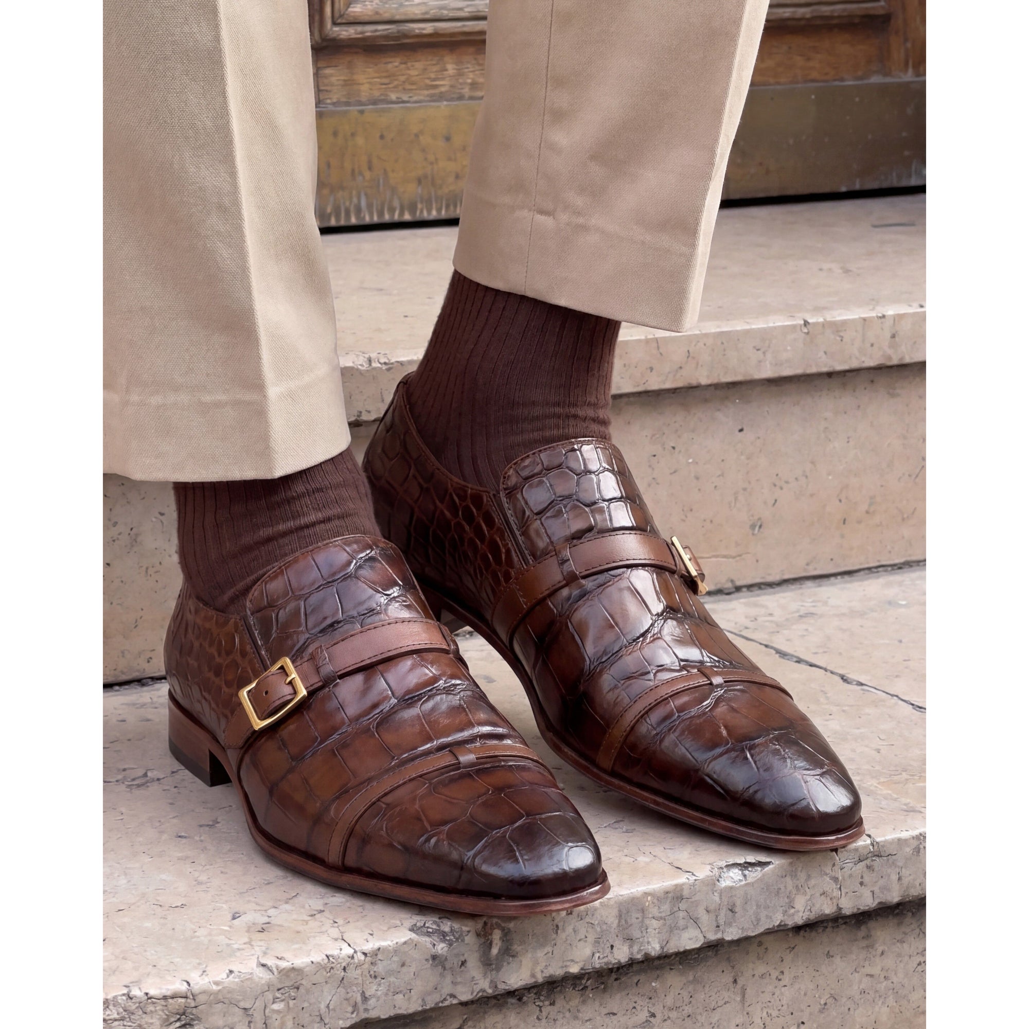 Vinci The Strat Single Monk Strap Cap Toe Brown Leather Handmade Men Shoes