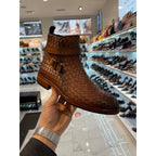 The Morral Tan Handwoven Leather Cross Strap Buckle Zip-Up Men Boot