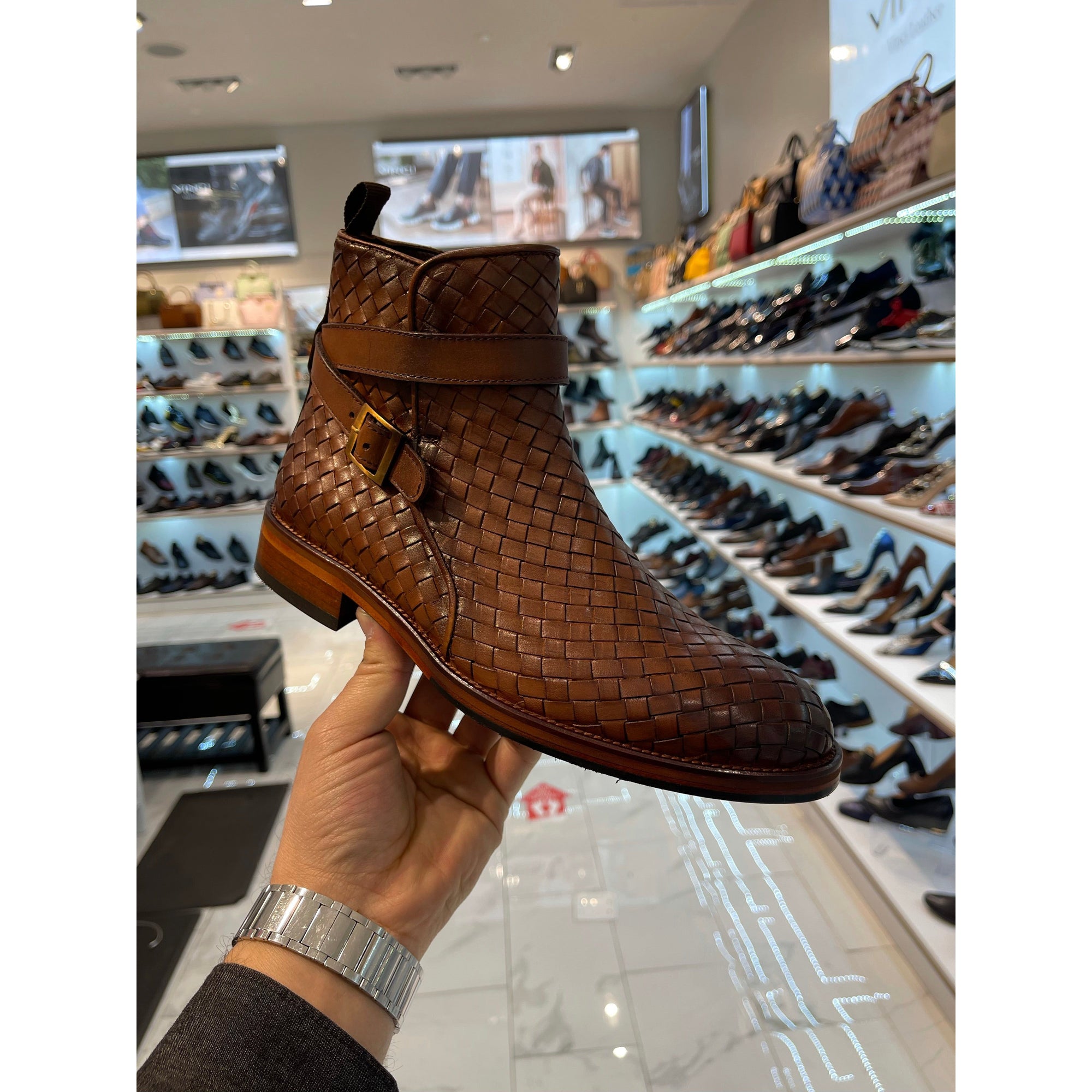 The Morral Tan Handwoven Leather Cross Strap Buckle Zip-Up Men Boot