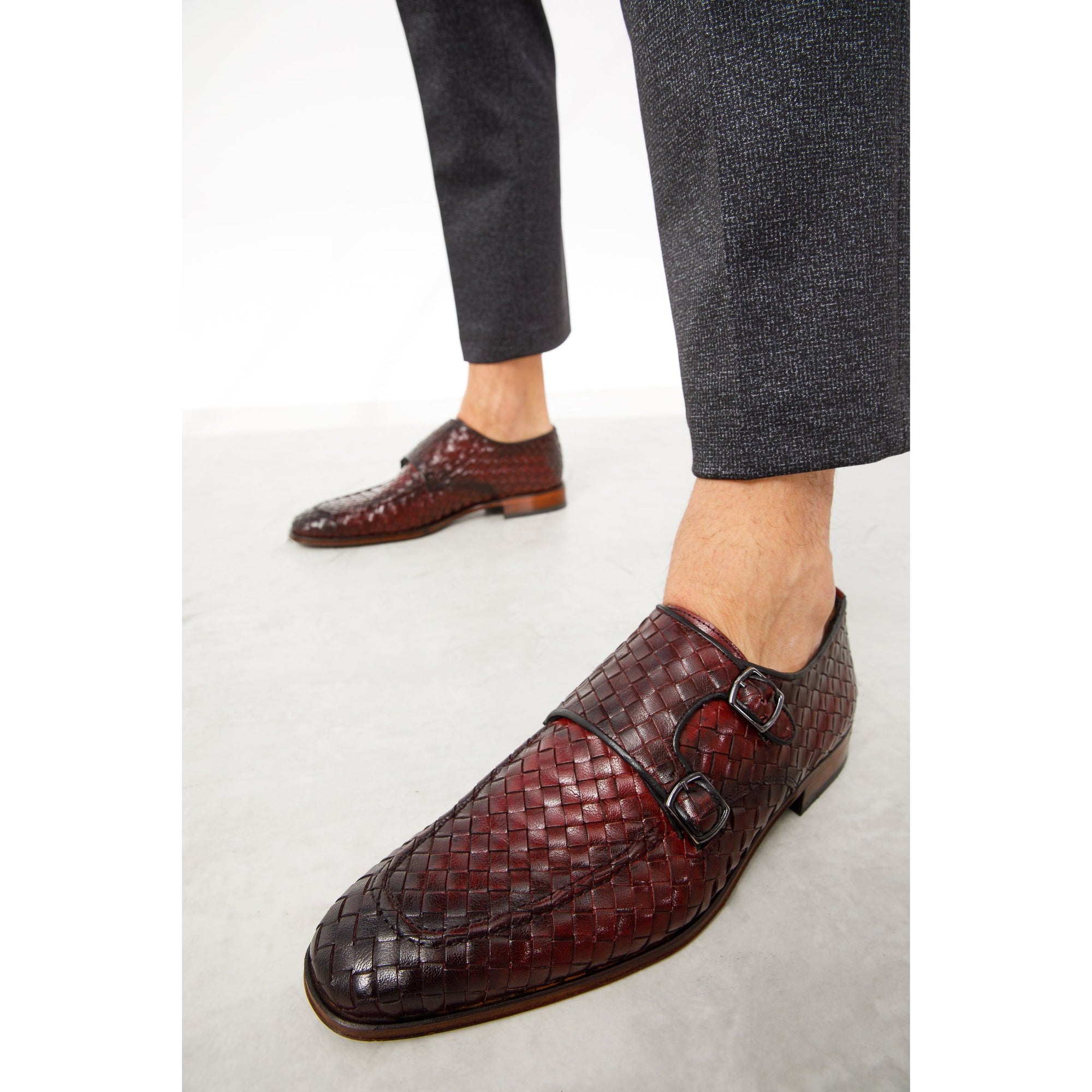 The Turan Burgundy Woven Double Monk Strap Dress Men  Shoe