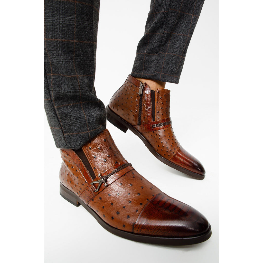 Vinci The Dallas Tan Leather Bit Ankle Zip-Up Dress Men Boot