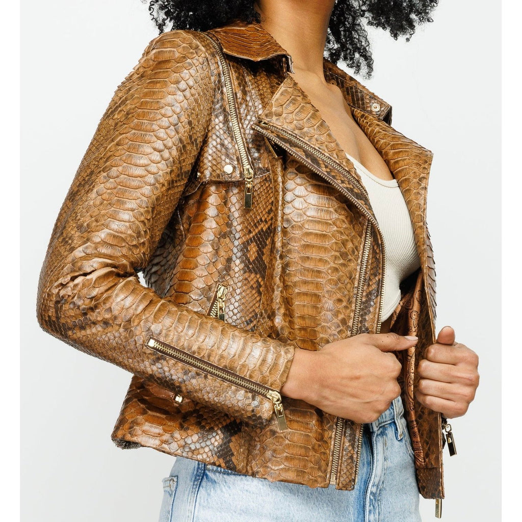 The Queen Pythn Skin Tan Leather Women Jacket
