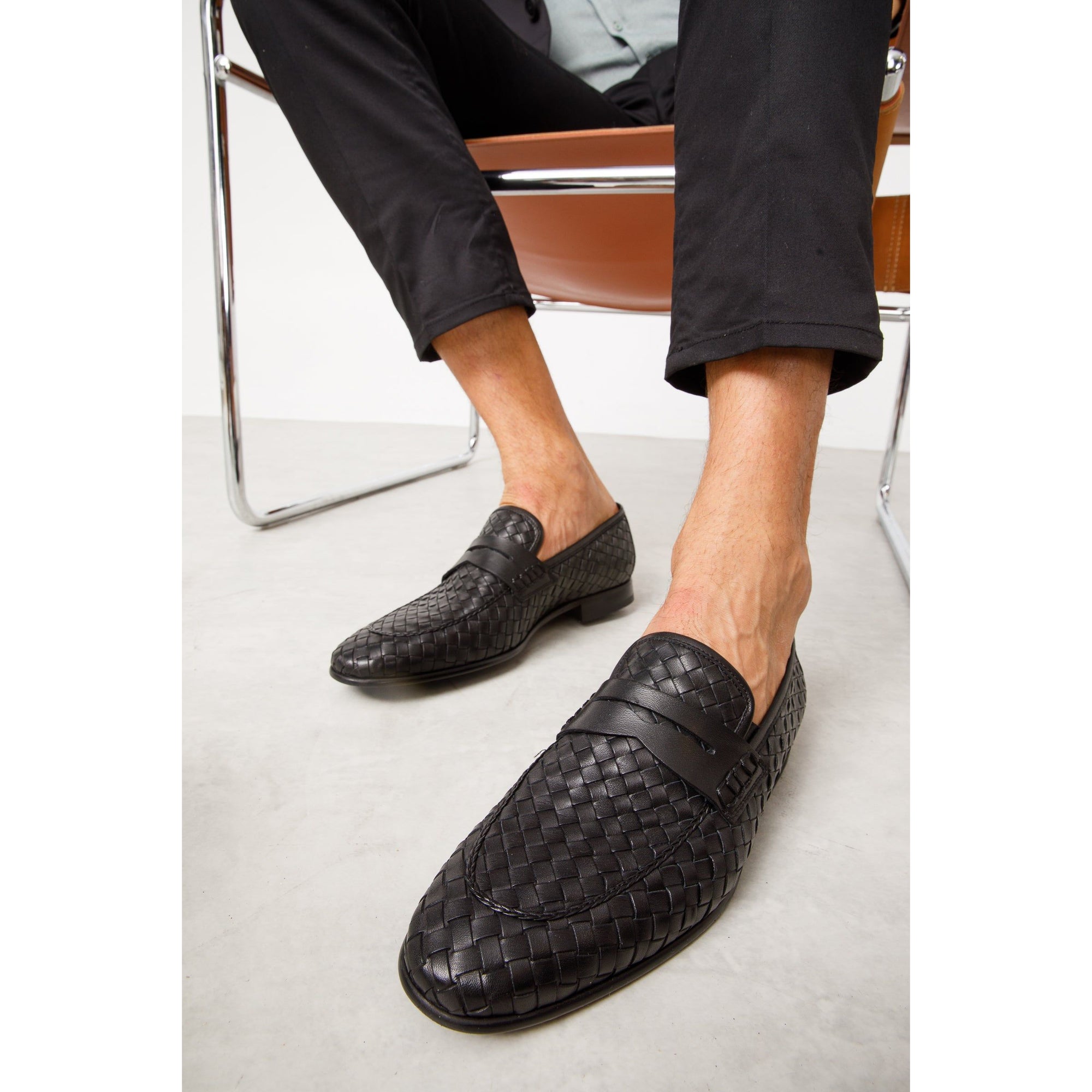 The Grand Woven Leather Black  Men Shoe Penny Loafer