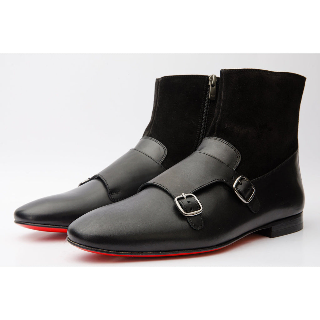 Preston Black Leather & Suede Double Monk Strap Ankle Men Boot