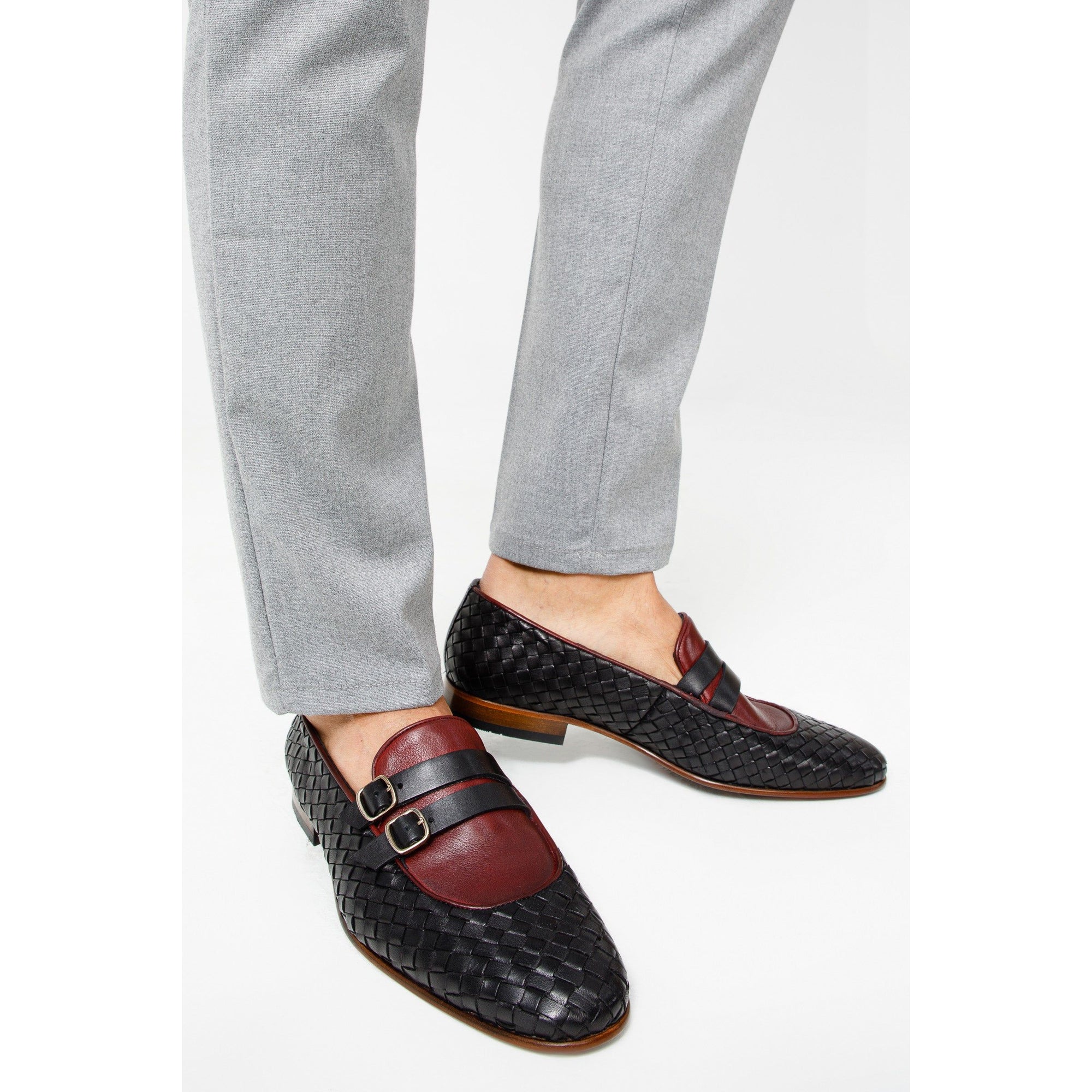 The Vatra Black & Burgundy Woven Double Monk Strap Men Shoe