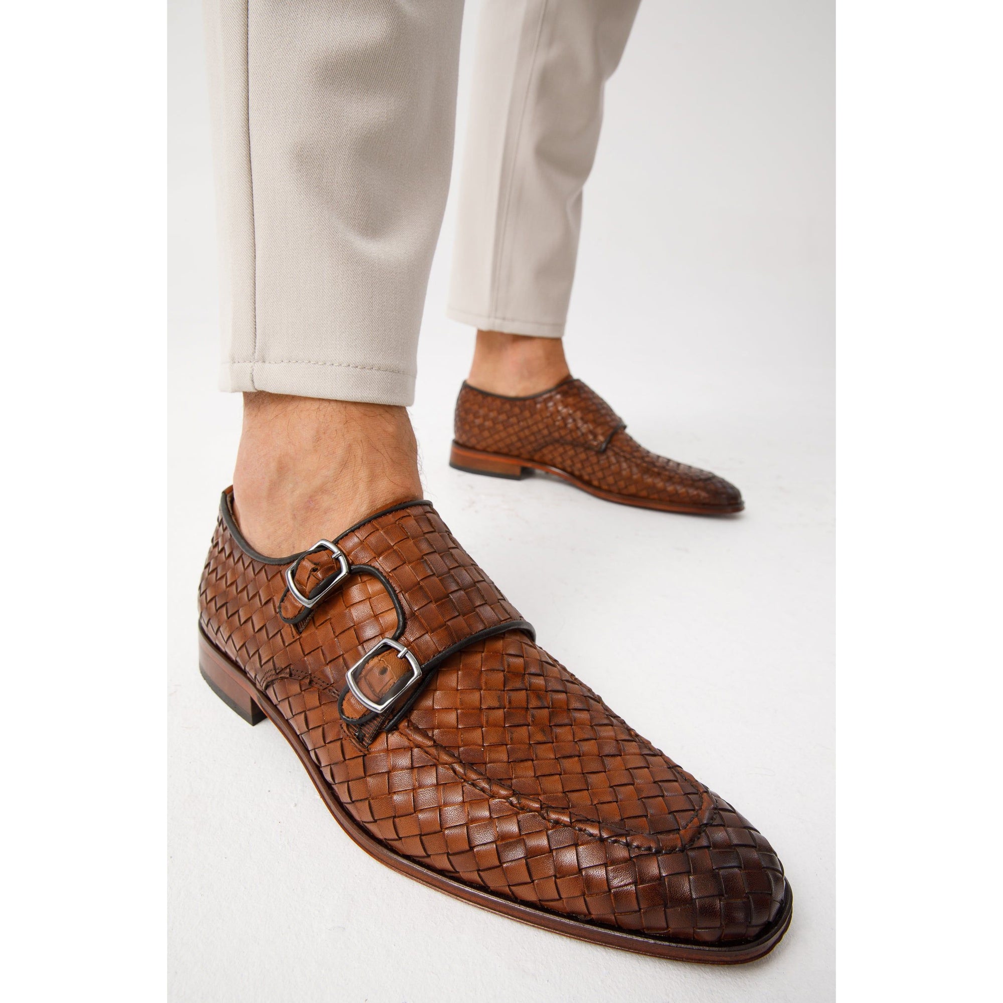 The Turan Brown Woven Double Monk Strap Dress Men Shoe