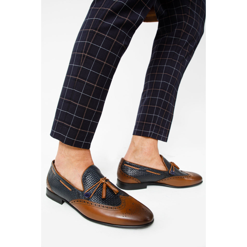 Vinci The Istanbul Tan & Navy Blue Leather Tassel Loafer Men Shoes