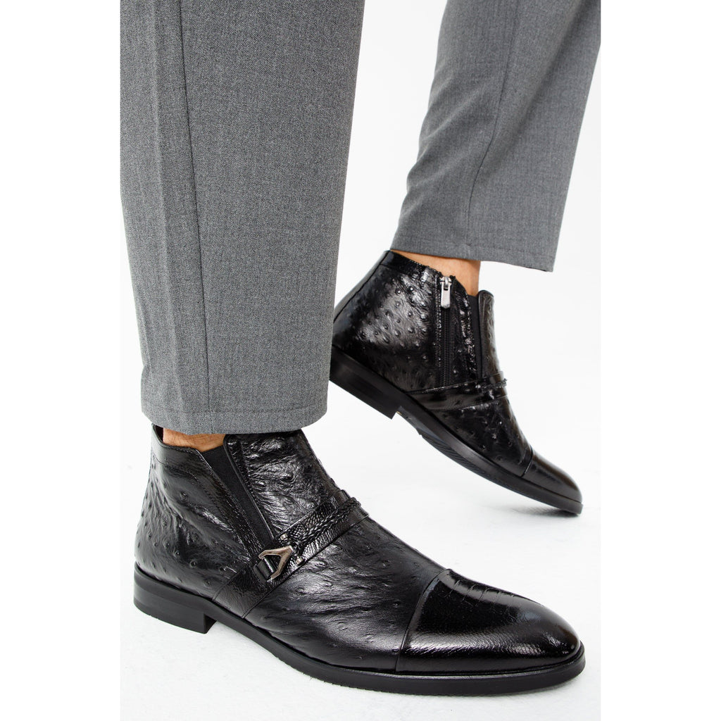 Vinci The Dallas Black Leather Bit Ankle Zip-Up Dress Men Boot