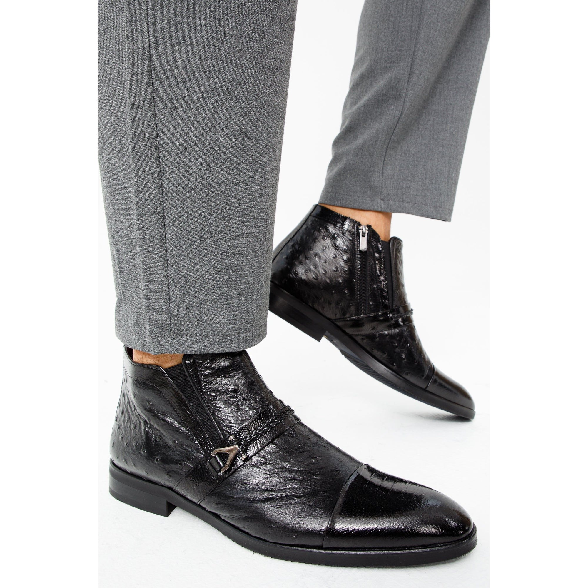 Vinci The Dallas Black Leather Bit Ankle Zip-Up Dress Men Boot
