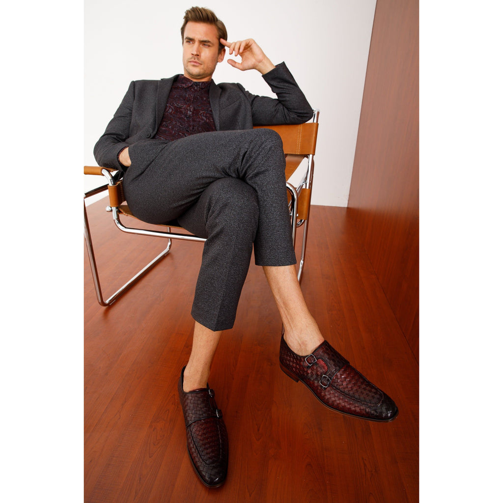 The Turan Burgundy Woven Double Monk Strap Dress Men  Shoe