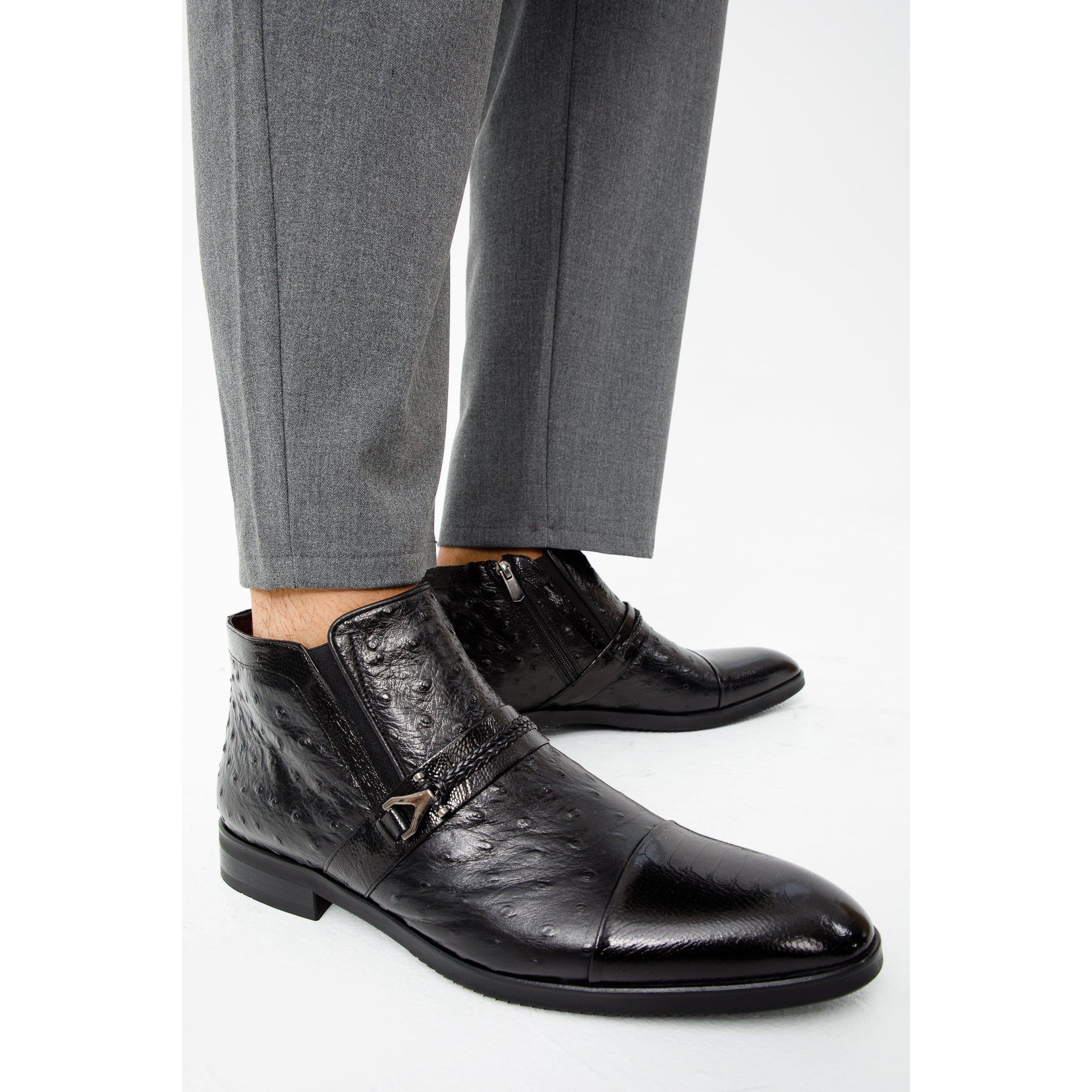 Vinci The Dallas Black Leather Bit Ankle Zip-Up Dress Men Boot