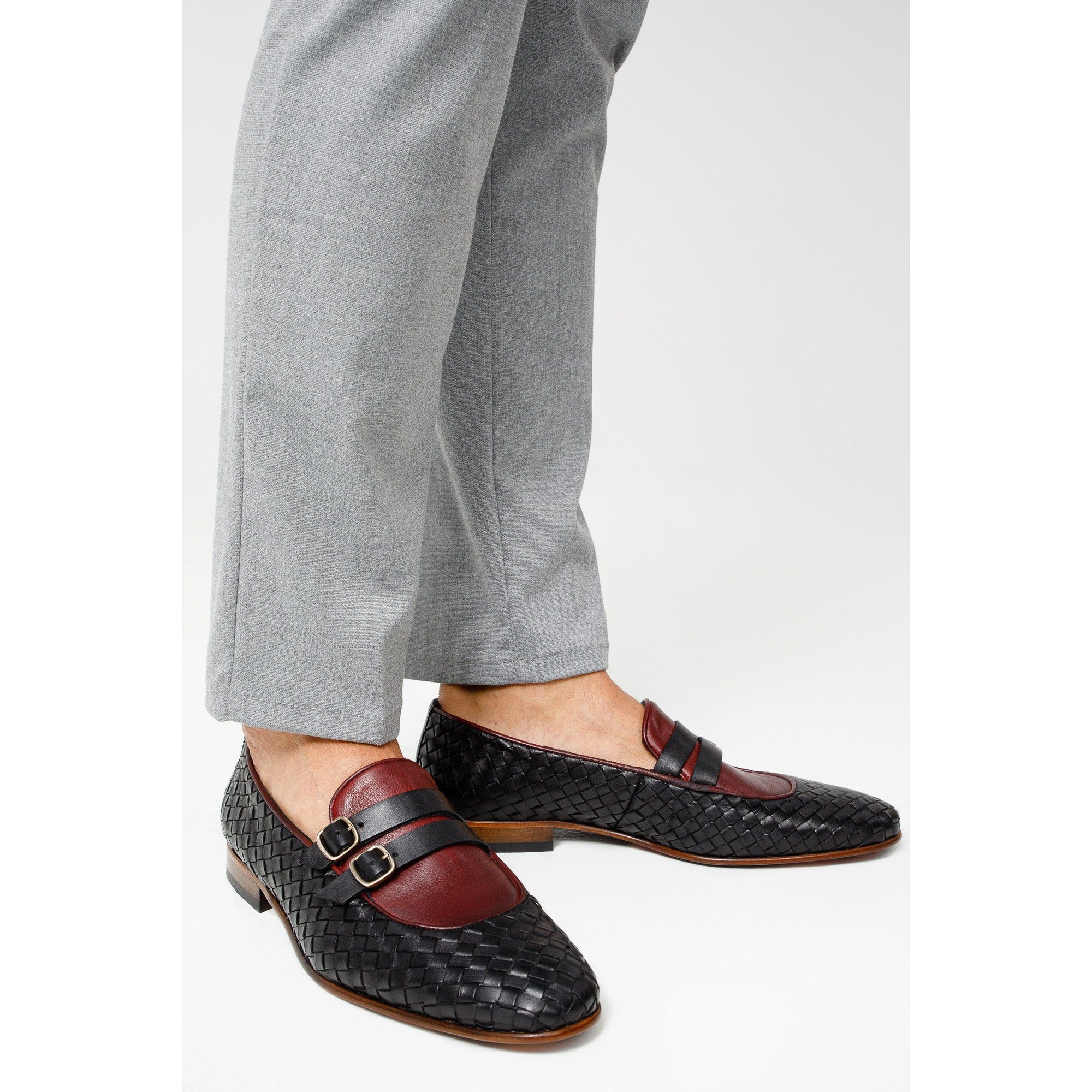 The Vatra Black & Burgundy Woven Double Monk Strap Men Shoe