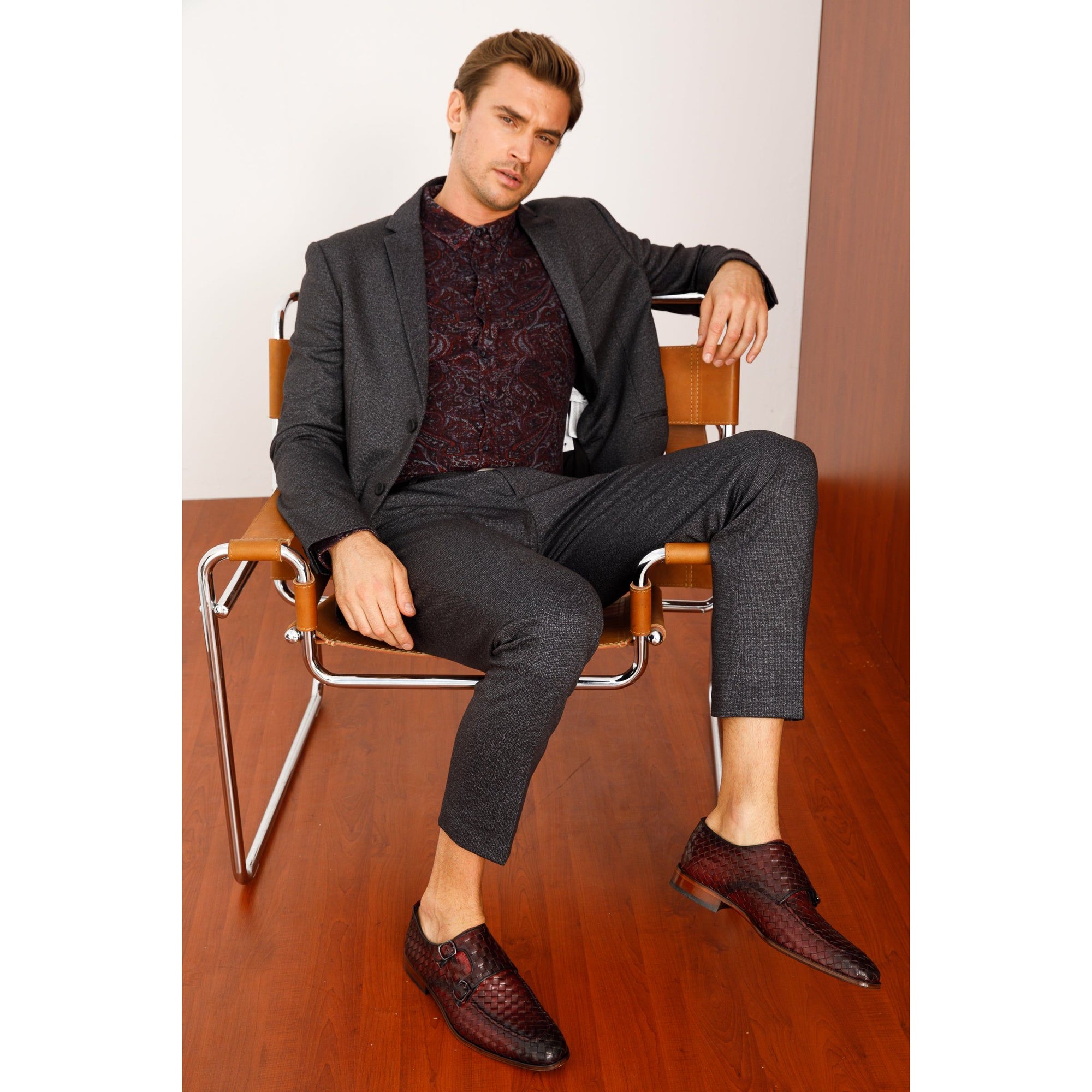 The Turan Burgundy Woven Double Monk Strap Dress Men  Shoe