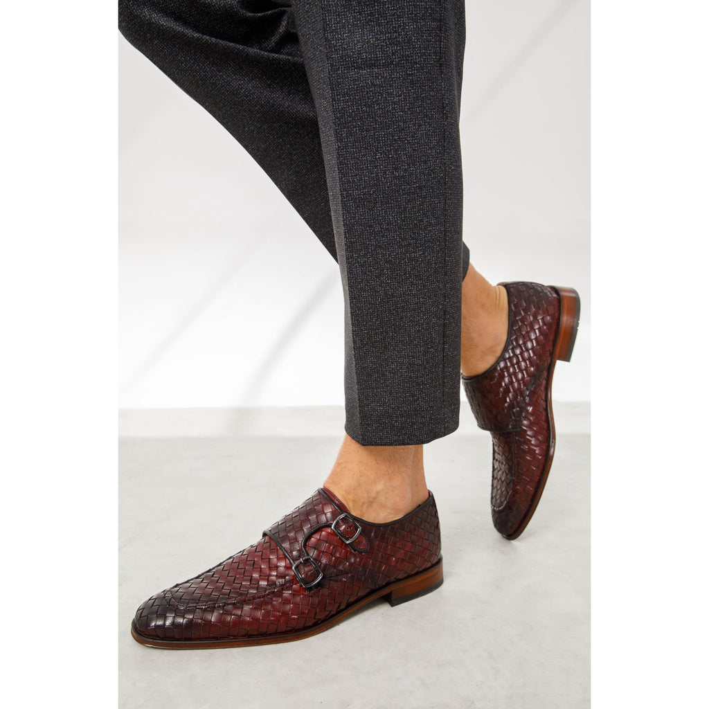The Turan Burgundy Woven Double Monk Strap Dress Men  Shoe