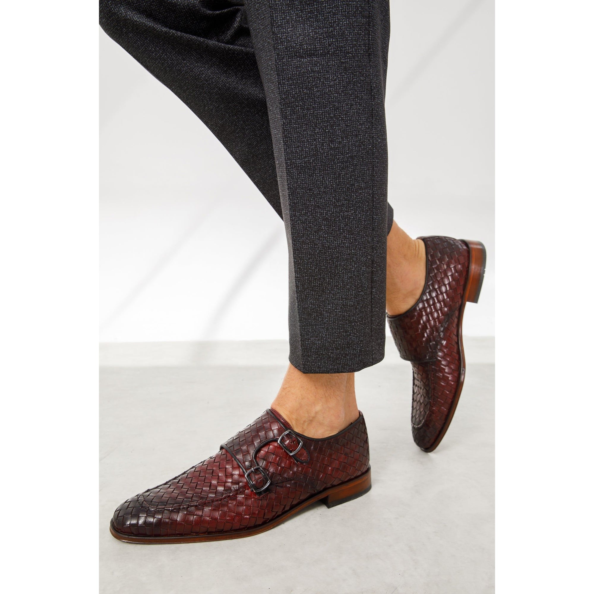 The Turan Burgundy Woven Double Monk Strap Dress Men  Shoe
