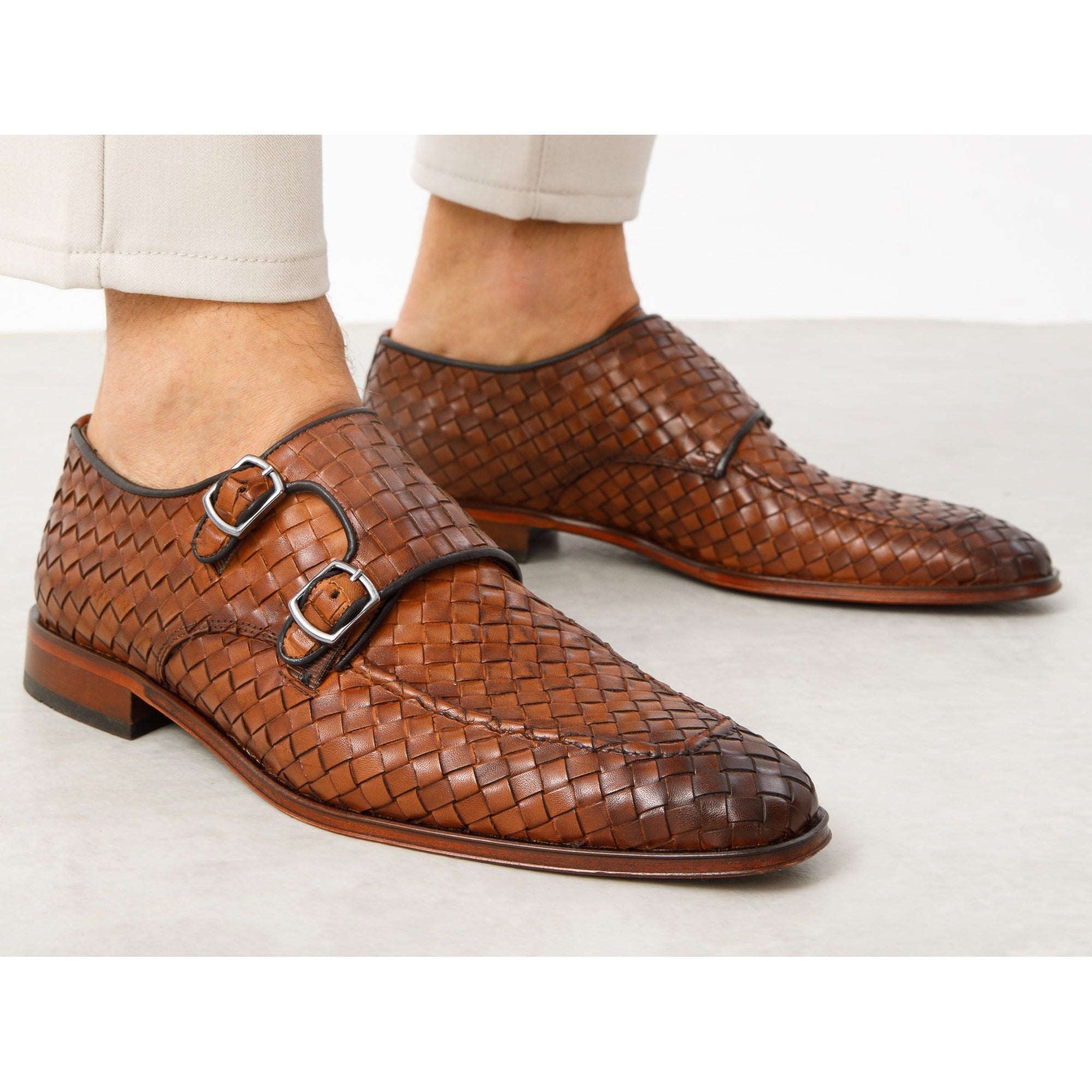 The Turan Brown Woven Double Monk Strap Dress Men Shoe