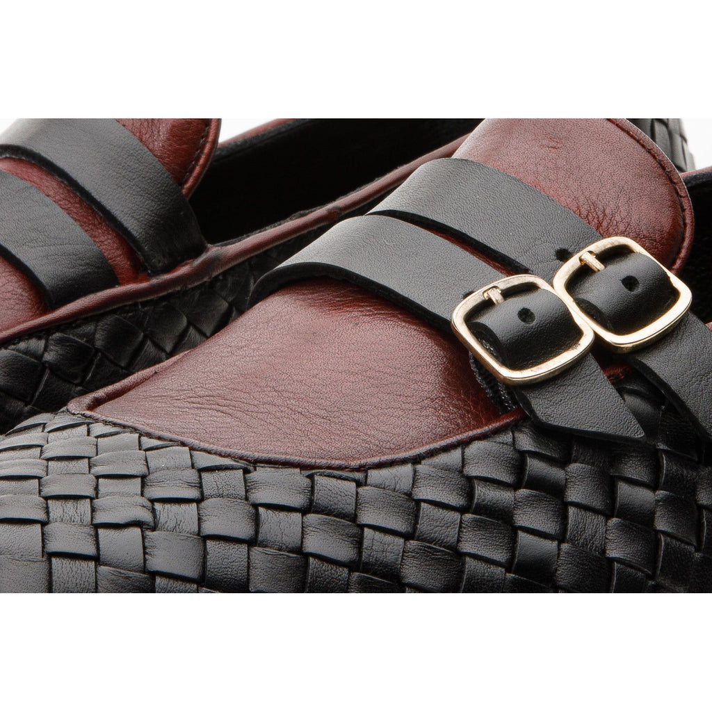 The Vatra Black & Burgundy Woven Double Monk Strap Men Shoe