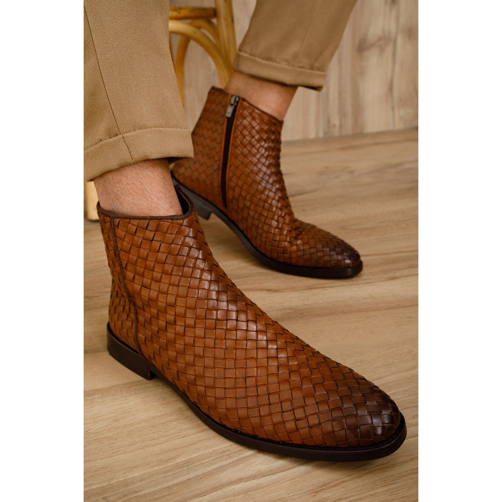 The Wellington Tan Handwoven Leather Men Boot with a Zipper Final Sale!