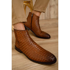 The Wellington Tan Handwoven Leather Men Boot with a Zipper Final Sale!