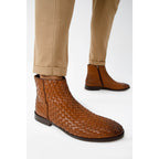 The Wellington Tan Handwoven Leather Men Boot with a Zipper Final Sale!