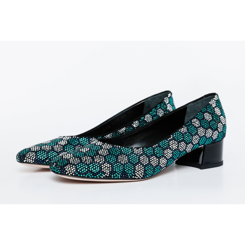 The Doha Turqoise Glitter Leather Block Pump Women Shoe