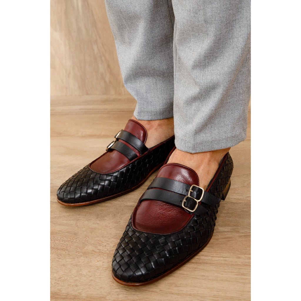 The Vatra Black & Burgundy Woven Double Monk Strap Men Shoe