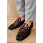 The Vatra Black & Burgundy Woven Double Monk Strap Men Shoe