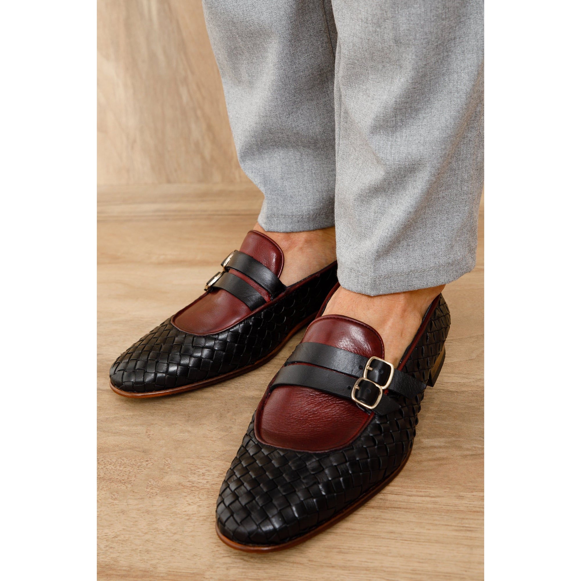 The Vatra Black & Burgundy Woven Double Monk Strap Men Shoe