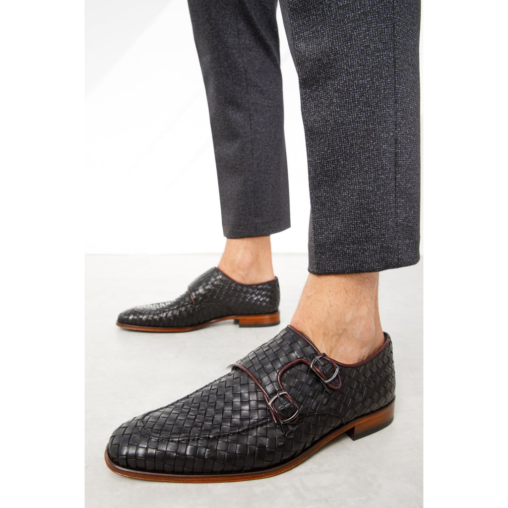 The Turan Black Woven Double Monk Strap Dress Men Shoe