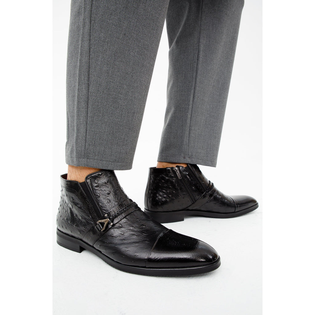 Vinci The Dallas Black Leather Bit Ankle Zip-Up Dress Men Boot