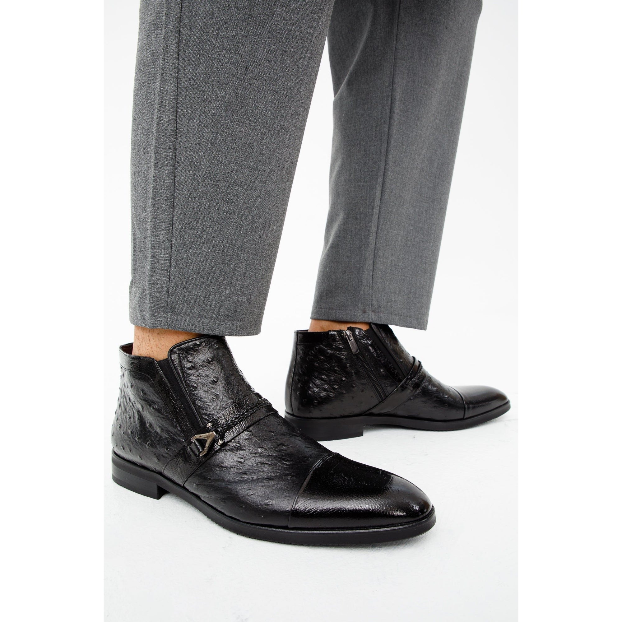 Vinci The Dallas Black Leather Bit Ankle Zip-Up Dress Men Boot