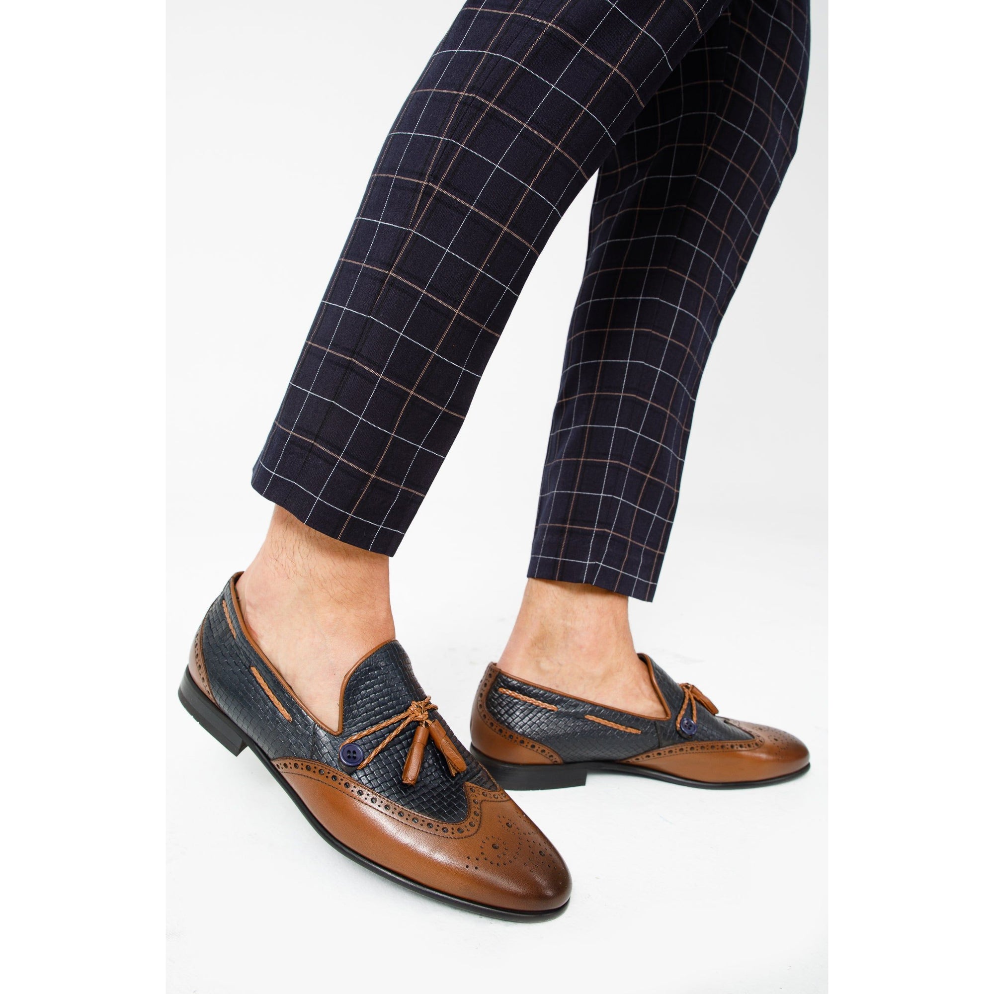 Vinci The Istanbul Tan & Navy Blue Leather Tassel Loafer Men Shoes