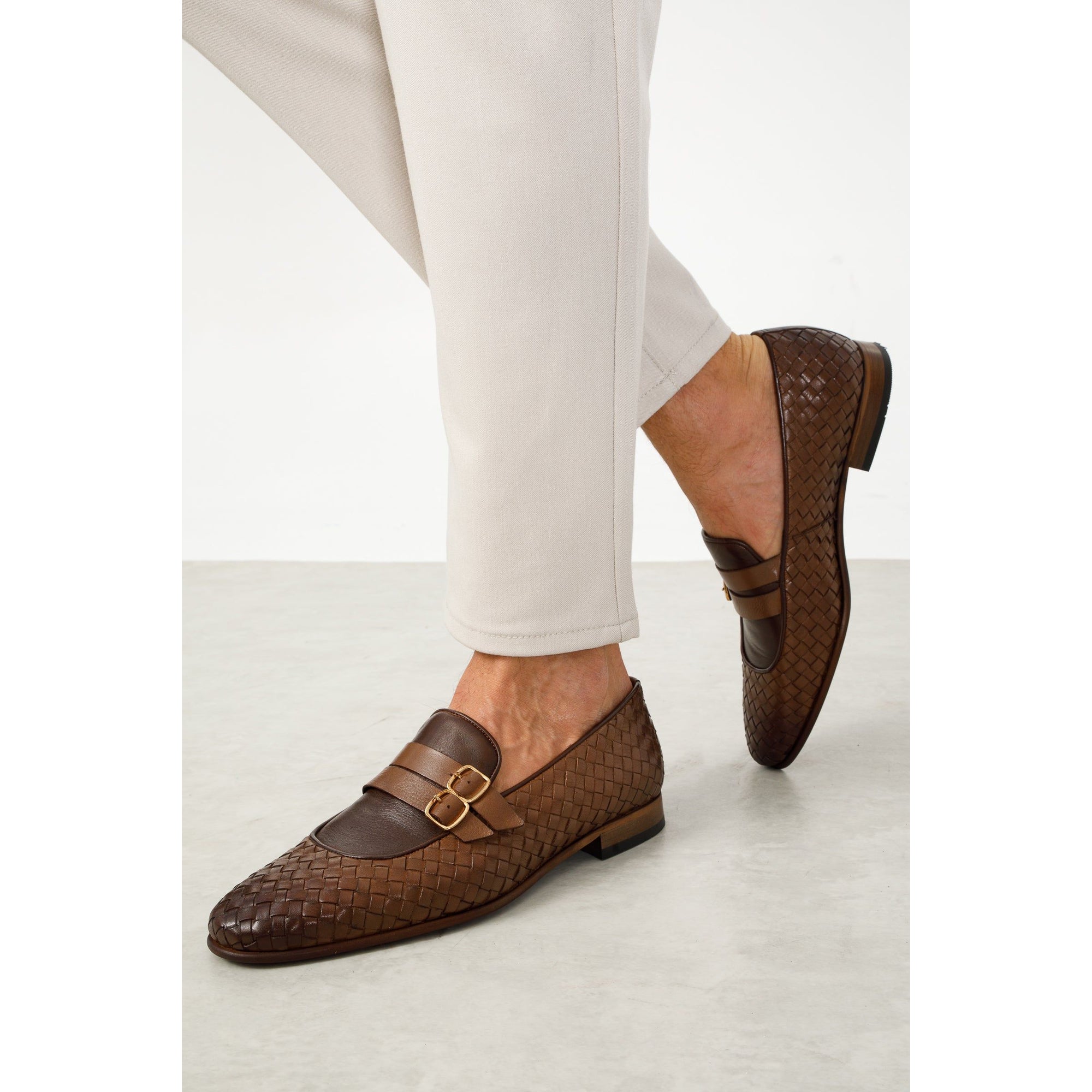 Vinci The Vatra Tan Woven Double Monk Strap Men Shoes