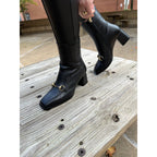 The Bukres Black Leather Block Heel Women Boot
