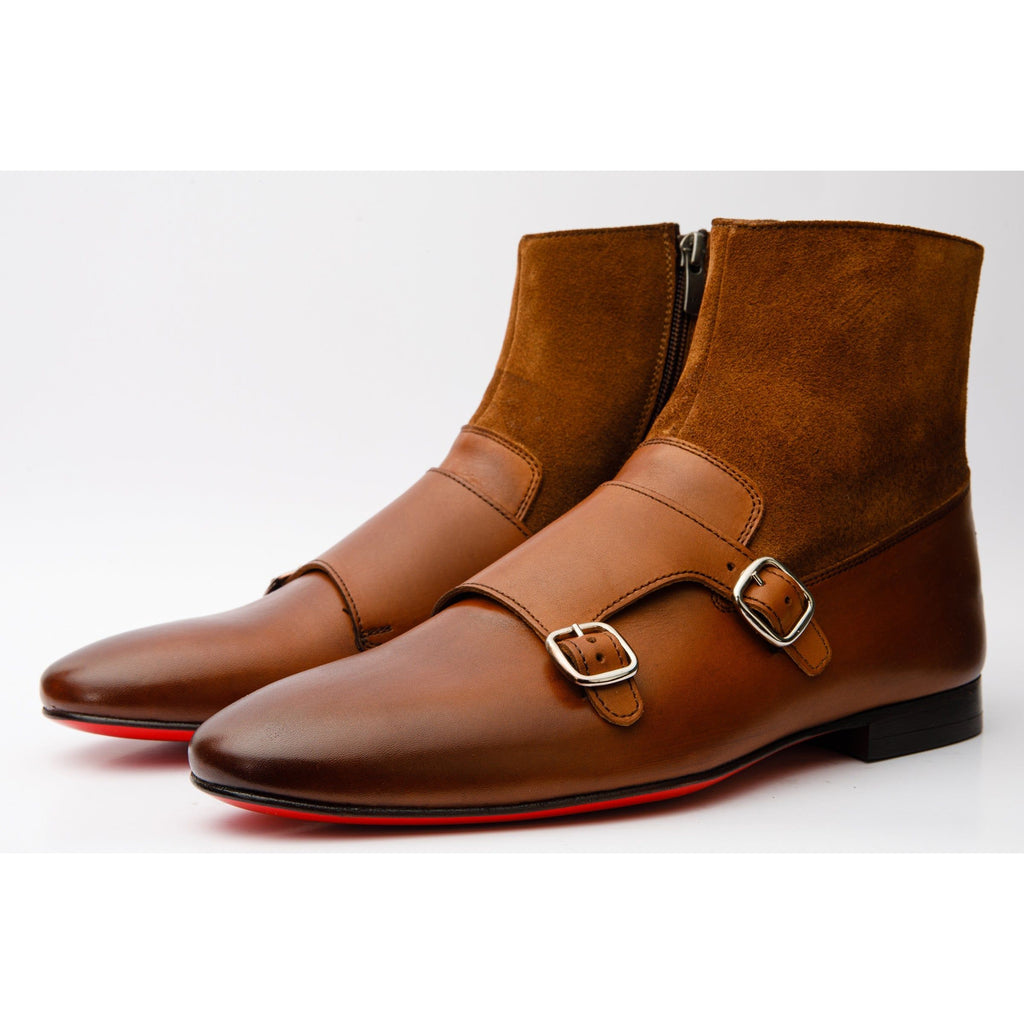 Preston Tan Leather & Suede Double Monk Strap Ankle Men Boot