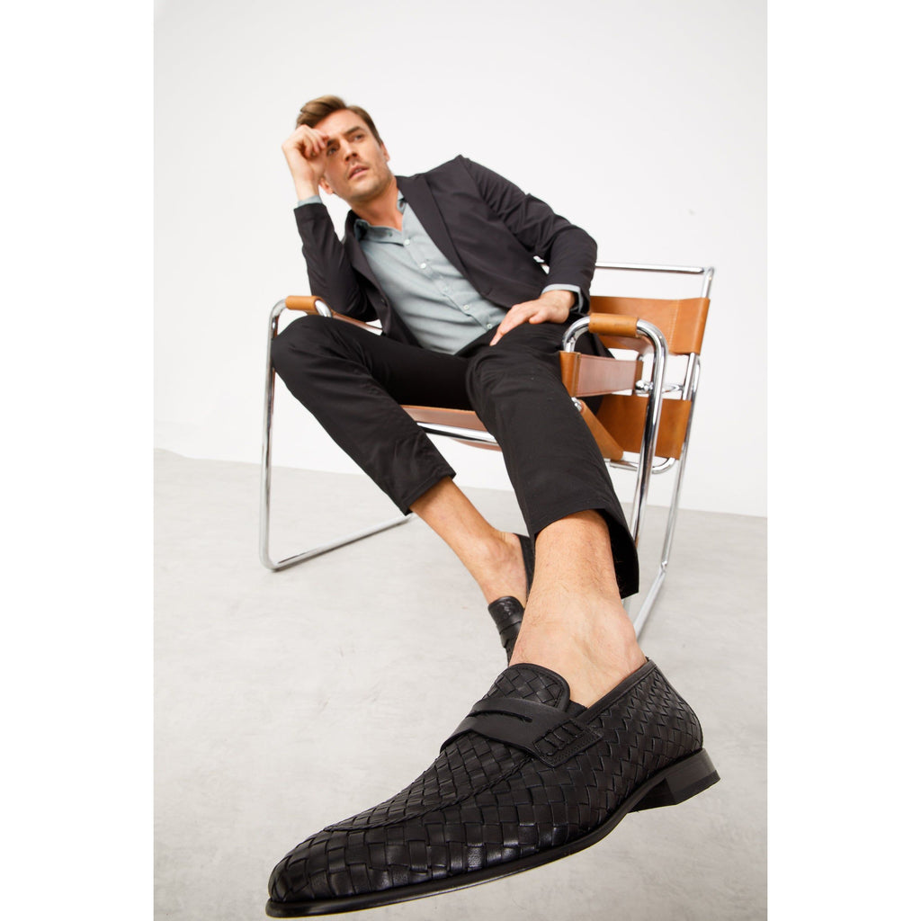 The Grand Woven Leather Black  Men Shoe Penny Loafer