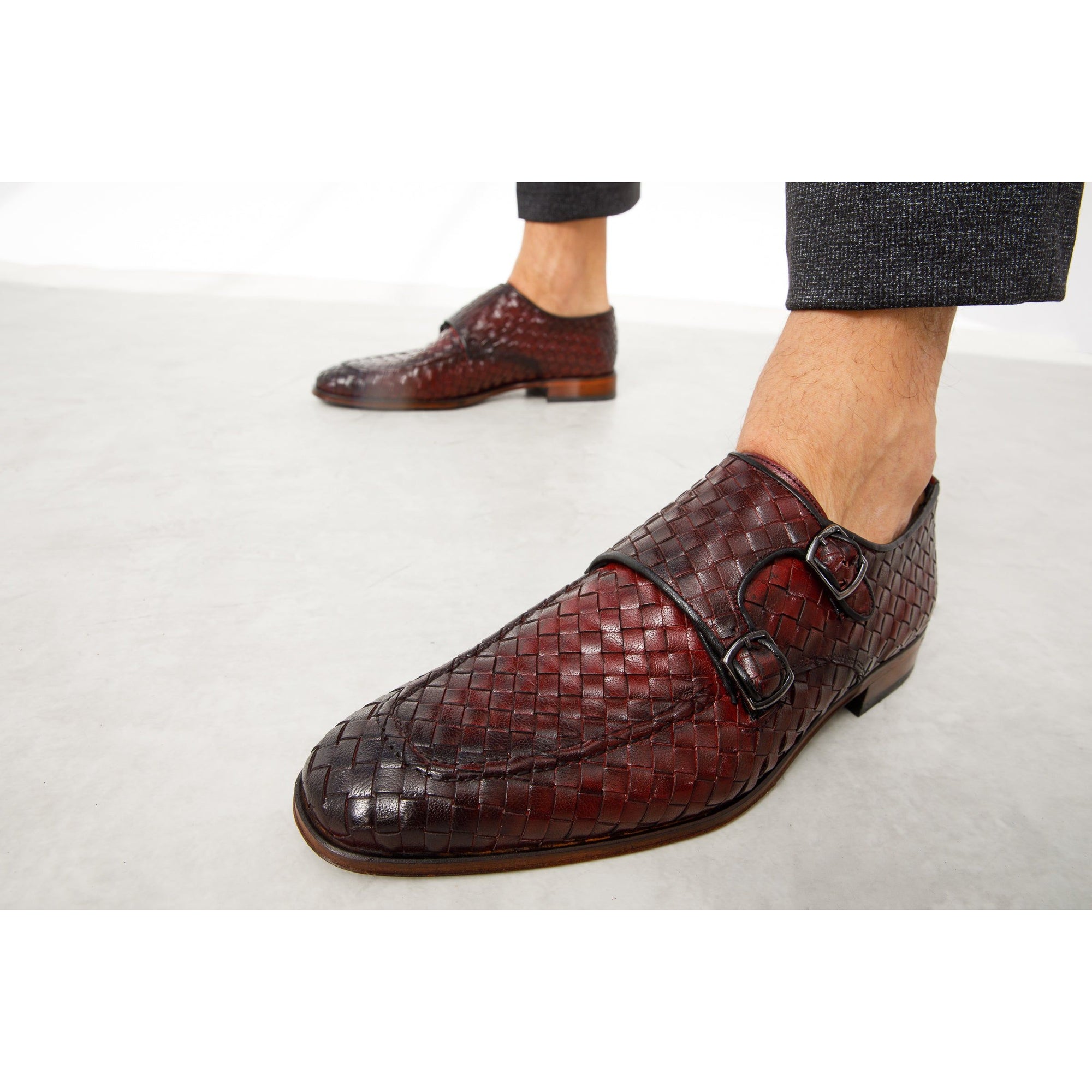 The Turan Burgundy Woven Double Monk Strap Dress Men  Shoe