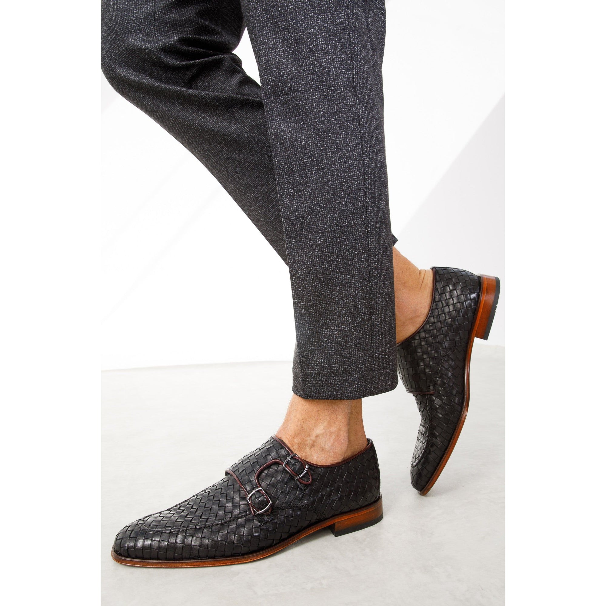 The Turan Black Woven Double Monk Strap Dress Men Shoe
