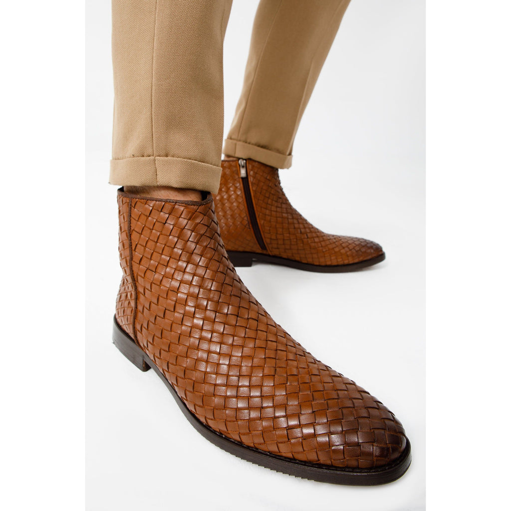 The Wellington Tan Handwoven Leather Men Boot with a Zipper Final Sale!